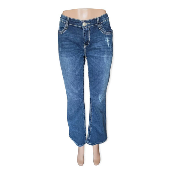 Seven7‎ Mid Rise Bootcut Flare Rhinestone Pocket Medium Wash Jeans Size 32 - Picture 1 of 12